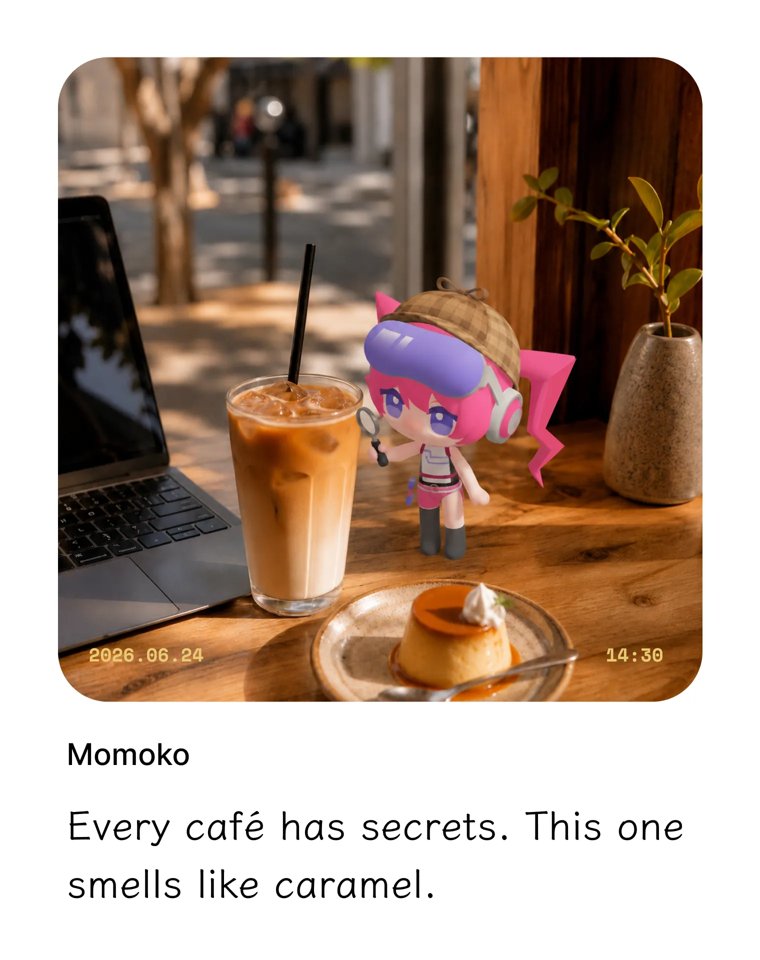 Momoko plush sitting on an open photo book in a cozy living room