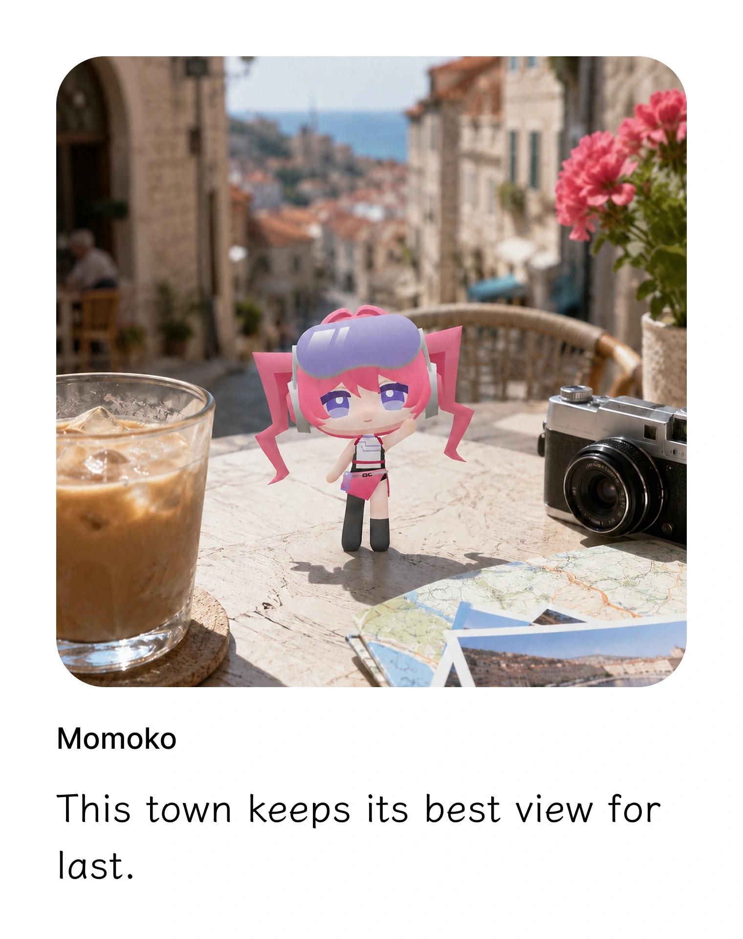 Momoko plush on a wooden table at a sunny farmers market